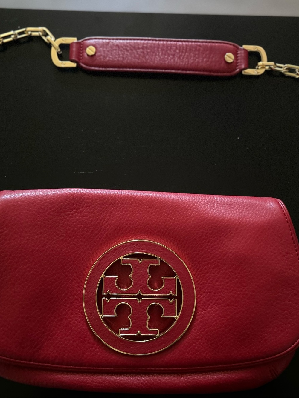Tory Burch Red Leather Logo Crossbody with Gold chain and Hardware